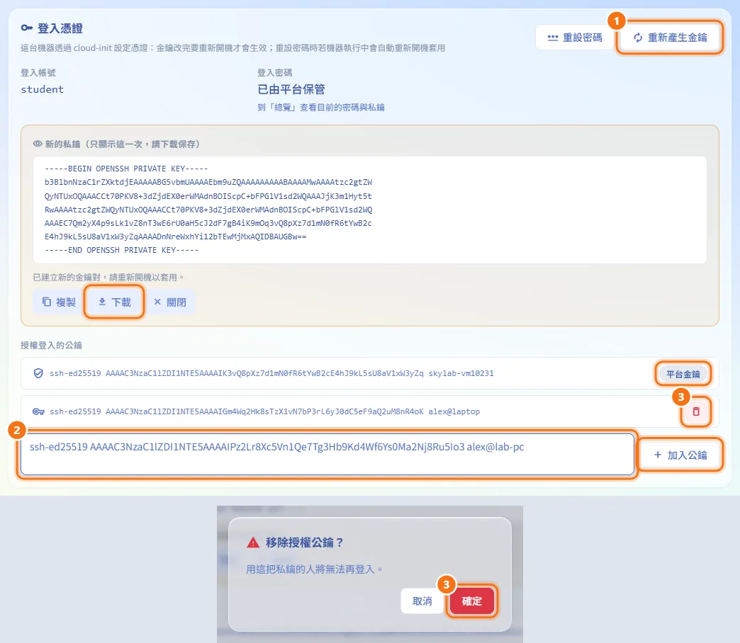 管理 SSH 金鑰（圖中編號對應上方步驟）