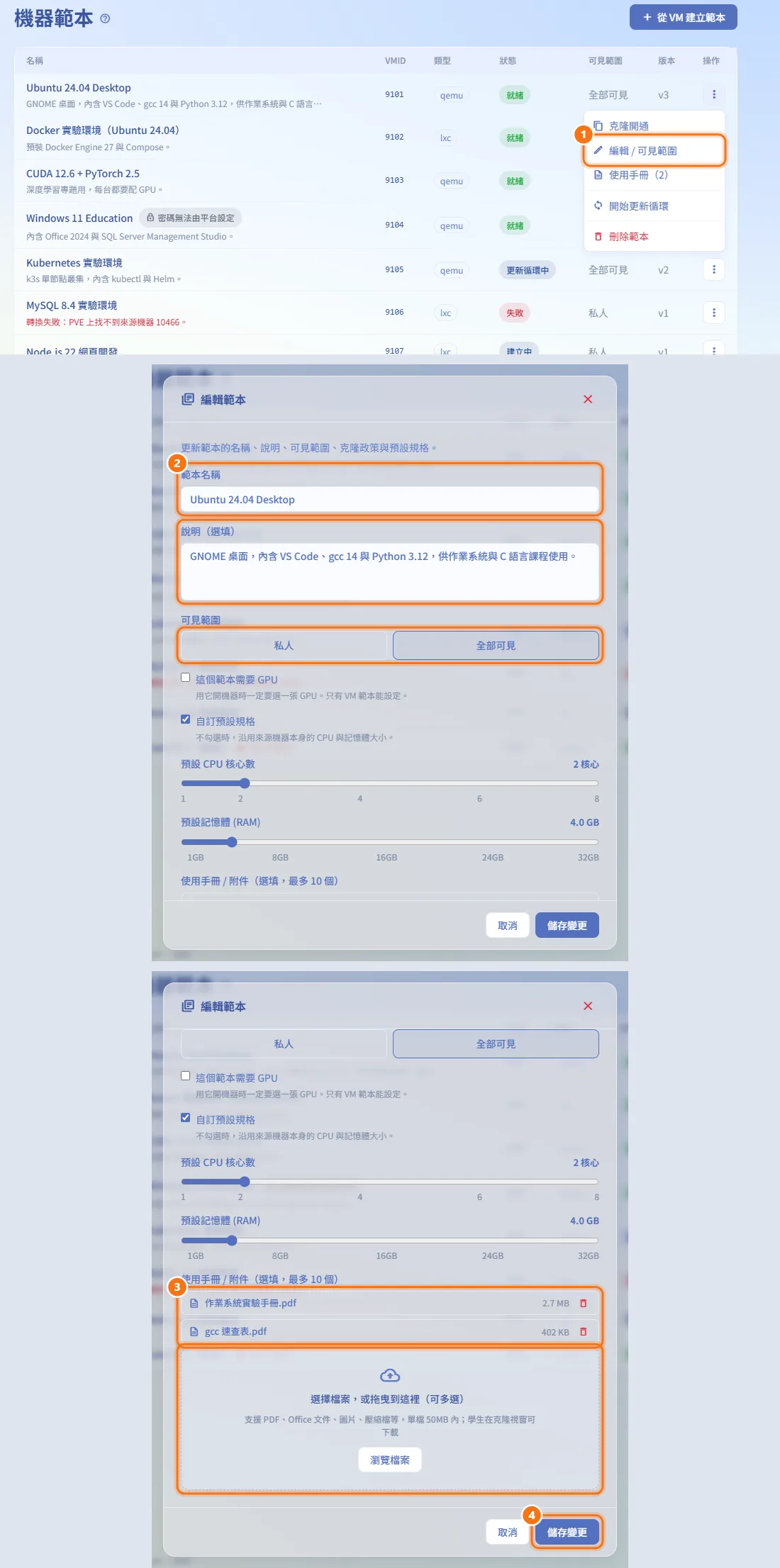 編輯範本或變更可見範圍(圖中編號對應上方步驟)